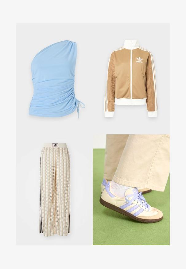 Tan zip-up jack met witte accenten en drie witte strepen op de mouwen. Heeft een gestructureerd geweven ontwerp op één mouw. Adidas-logo op de borst.; Lichtblauw schoudertop met één schouder, gemaakt van zachte stof. Heeft gerimpelde details aan de zijkant en een verstelbare strik aan de onderkant. Gladde textuur.; Crème kleurige wijde broek met een zigzagpatroon, met een zwarte logo tailleband en zij zwarte strepen. Lichtgewicht, gestructureerde stof.; Crème- en lavendel-sneakers met drie strepen en een gestructureerde bruine zool, voorzien van veters en een gewatteerde hiel. Zachte stoffen bovenkant.