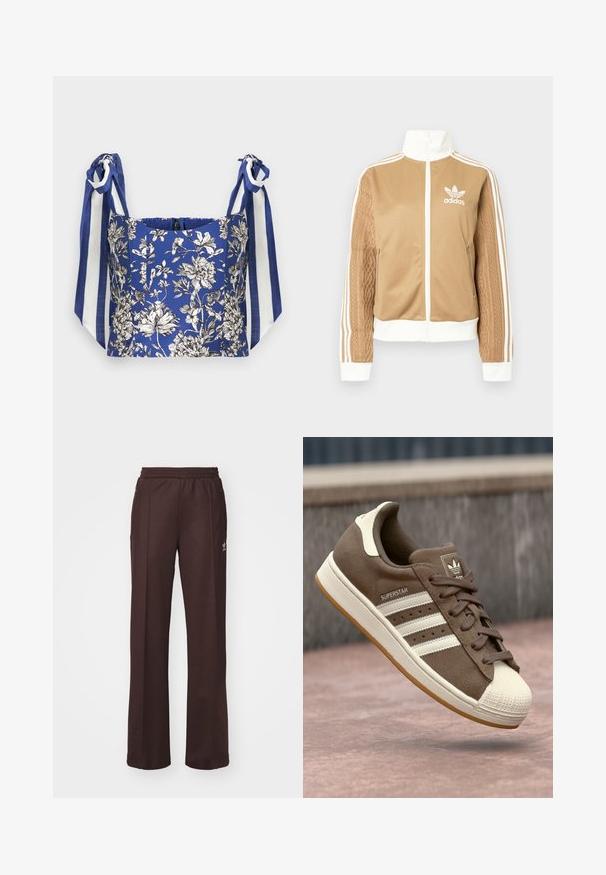 Tan zip-up takki, jossa on valkoisia yksityiskohtia ja kolme valkoista raitaa hihoissa. Yhdellä hihalla on texturoitu kudontasuunnittelu. Adidas-logo rinnassa.; Sininen kukallinen lyhythihainen toppi, jossa on valkoisia ja mustia yksityiskohtia, ja leveät olkavarren nauhat sinivalkoisina raitoineen.; Ruskeat urheiluhousut, joissa on joustava vyötärö, kaksi sivutaskua ja pieni logo vasemmalla puolella, valmistettu pehmeästä kankaasta.; Ruskeat mokka-tennarit, joissa on valkoiset raidat, kermaiset yksityiskohdat ja kuminen kärki. Varustettu nauhaketjulla ja kuvioidulla kuminpohjalla.