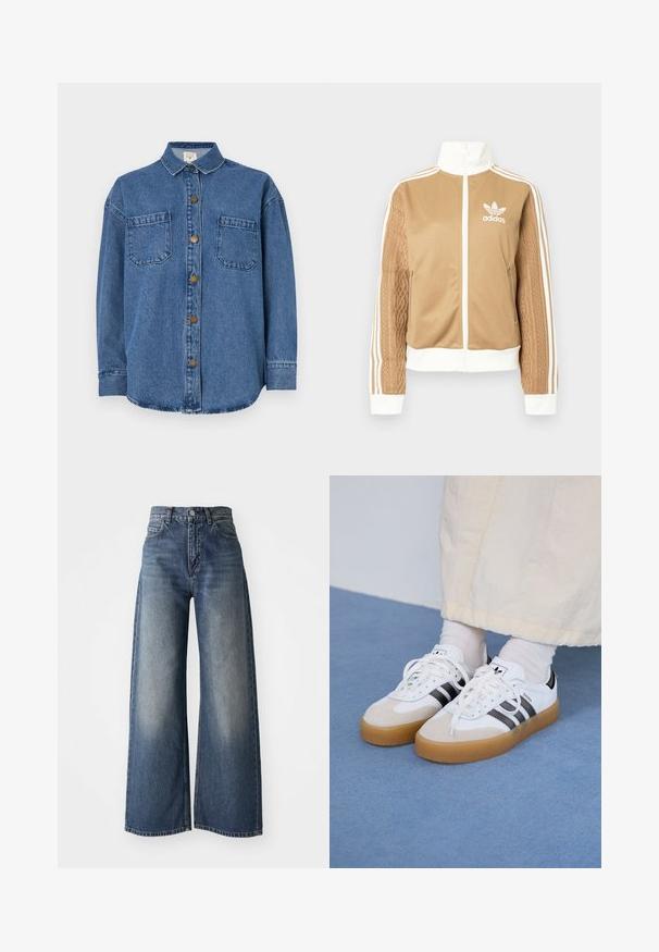 Tan zip-up jakke med hvide accenter og tre hvide striber på ærmerne. Har et tekstureret, vævet design på det ene ærme. Adidas-logo på brystet.; Denimskjorte i medium blå, med knaplukning foran, to brystlommer og krave. Lange ærmer med knapmanchetter.; Blå højtaljede vide bukser med frontknap og lommer, falmet tekstur på lårerne og lige kant.; Hvide sneakers med sorte striber og beige ruskindsdetaljer. Har en tekstureret gummisål og flade hvide snørebånd, båret med lyse sokker.
