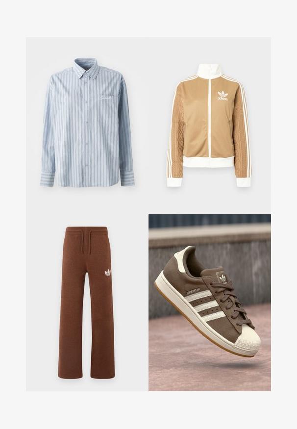 Chaqueta con cremallera en tono marrón y acentos en blanco, con tres rayas blancas en las mangas. Presenta un diseño texturizado tejido en una de las mangas. Logo de Adidas en el pecho.; Camisa de botón de manga larga azul claro con rayas verticales blancas y oscuras, y un bolsillo en el pecho delantero que presenta bordado en blanco.; Pantalones de chándal marrones en un tejido suave con un corte relajado, que cuentan con una cinturilla elástica, cordón y un logo blanco en el muslo izquierdo.; Zapatillas de ante marrón con rayas blancas, detalles en color crema y punta de goma. Cuenta con un diseño de cordones y suela de goma texturizada.