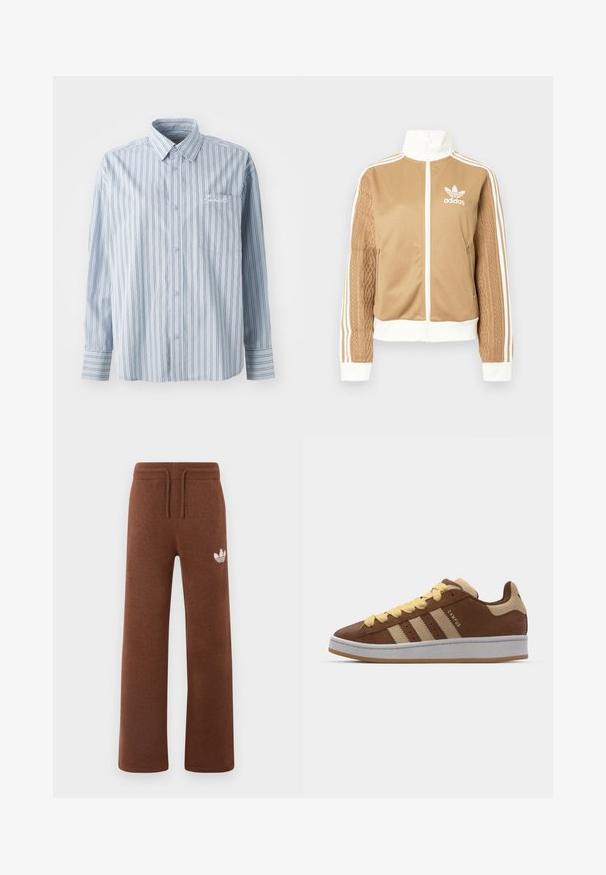 Tan zip-up takki, jossa on valkoisia yksityiskohtia ja kolme valkoista raitaa hihoissa. Yhdellä hihalla on texturoitu kudontasuunnittelu. Adidas-logo rinnassa.; Vaaleansininen pitkähihaisella nappipaidalla, jossa on valkoisia ja tummia pystysuoria raitoja sekä etupuolella rinta-tasku, jossa on valkoista kirjontaa.; Ruskeat collegehousut pehmeästä kankaasta rentoa istuvuutta varten, joissa on joustava vyötärö, nyörikiinnitys ja valkoinen logo vasemmassa reidessä.; adidas Originals CAMPUS 00S DOUBLE - Matalavartiset tennarit - preloved brown/sand strata/orange tint