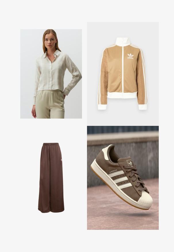 Tan-zip-Jacke mit weißen Akzenten und drei weißen Streifen an den Ärmeln. Besitzt ein strukturiertes Gewebedesign an einem Ärmel. Adidas-Logo auf der Brust.; Jimmy Key LONG SLEEVE - Hemdbluse - beige; adidas Originals Jogginghose - auburn cream white; Braune Wildleder-Sneaker mit weißen Streifen, crèmefarbenen Akzenten und einer Gummischale an der Zehe. Verfügt über ein Schnürdesign und eine strukturierte Gummisohle.