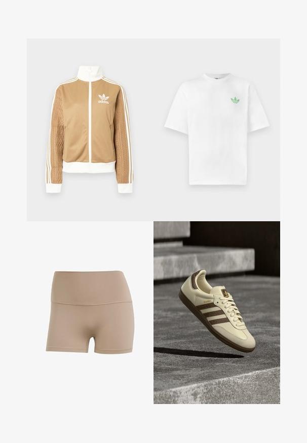 Tan-zip-Jacke mit weißen Akzenten und drei weißen Streifen an den Ärmeln. Besitzt ein strukturiertes Gewebedesign an einem Ärmel. Adidas-Logo auf der Brust.; Weißes Baumwoll-T-Shirt mit kurzen Ärmeln und Rundhalsausschnitt. Kleines grünes Logo auf der linken Brustseite. Glatte Textur.; Nude farbige dehnbare Stoffshorts mit hoher Taille, glatter Textur und kontrastierenden Nähten. Entworfen für Komfort und Flexibilität.; Sneaker in Cremefarbe mit braunen Akzenten, strukturierten seitlichen Streifen und glattem Lederfinish. Verfügt über ein Schnürdesign und eine Gummisohle.