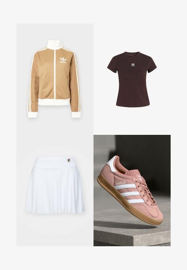 Tan zip-up jack met witte accenten en drie witte strepen op de mouwen. Heeft een gestructureerd geweven ontwerp op één mouw. Adidas-logo op de borst.; Bruine T-shirt met korte mouwen van katoen. Heeft een wit Adidas-logo op de borst. Eenvoudige ronde halslijn en een getailleerd ontwerp.; Witte tennisrok van rekbaar materiaal, met een gladde tailleband en subtiele plooien, voorzien van een klein logotag in de linkerbovenhoek.; Roze suède sneakers met witte strepen, rubberen gumzool, gestructureerde bovenkant en logo op de tong. Klassiek low-top ontwerp.