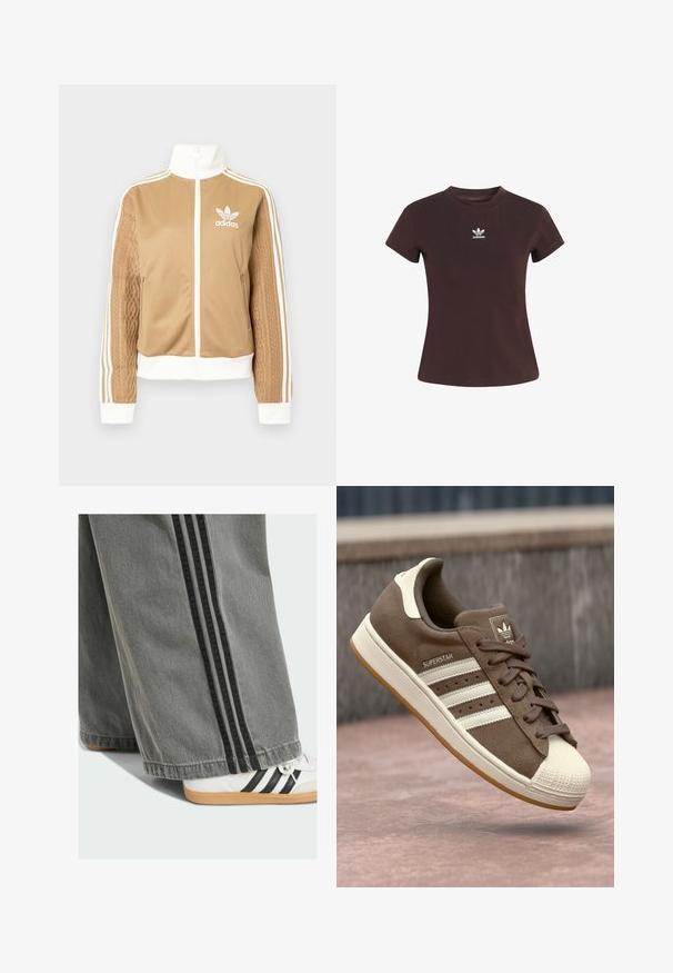 Tamni zip-up jakna s bijelim naglascima i tri bijele pruge na rukavima. Ima teksturirani tkaninski uzorak na jednom rukavu. Adidas logo na prsima.; Smeđa majica s kratkim rukavima od pamuka. Ima bijeli Adidas logo na prsima. Jednostavna okrugla izreza i prilagođeni kroj.; Sive široke hlače s crnim bočnim prugama, napravljene od traperice. Bijela tenisica s crnim prugama i gumenom potplatom djelomično je vidljiva.; Smeđi suedetenisice s bijelim prugama, kremastim naglascima i gumenkatom nosu. Imaju vezano dizajn i teksturiranu gumu.