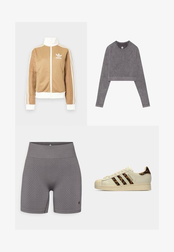 Tan zip-up jacket with white accents and three white stripes on sleeves. Features textured woven design on one sleeve. Adidas logo on chest.; Gray ribbed long-sleeve crop top with raglan sleeves. Features a round neckline and a hemline that sits above the waist.; Gray textured sport shorts with a wide elastic waistband and a subtle logo on the lower left side. The fabric features a patterned design.; Off-white Adidas Superstar sneaker with leopard print stripes and heel tab, beige rubber shell toe, and "SUPERSTAR" text on the side.