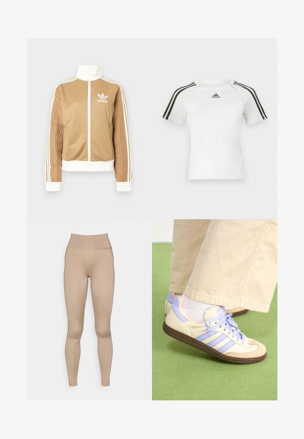 Tan zip-up jakke med hvide accenter og tre hvide striber på ærmerne. Har et tekstureret, vævet design på det ene ærme. Adidas-logo på brystet.; Hvid kortærmet atletisk skjorte med sort tre-stribe design på skuldrene, glat tekstur, og et lille sort adidas logo på brystet.; Lys beige leggings med høj talje, lavet af glat, strækbart materiale, uden synlige sømme eller mønstre.; Creme og lavendel sneakers med tre striber og en tekstureret brun sål, der har snørebånd og en polstret hæl. Blødt stof øvre.