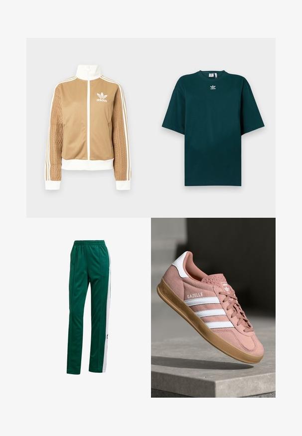 Ruda zip-up striukė su baltais akcentais ir trimis baltais dryžiais ant rankovių. Vienoje rankovėje yra tekstūruotas audinys. Adidas logotipas ant krūtinės.; Tamsiai žalia, per didelis medvilninis marškinėlis su trumpomis rankovėmis ir apvalia iškirpte, ant krūtinės baltas Adidas logotipas.; Žalios sportinės kelnės su lygiu paviršiumi, elastinga juosta liemeniui, baltomis šoninėmis juostelėmis ir subtiliu logotipo akcentu apatiniame šone.; Rožiniai zomšiniai sportbačiai su baltais dryžiais, guminėmis apatine dalimi, tekstūruotu viršumi ir logotipu ant liežuvėlio. Klasikinis žemas dizainas.