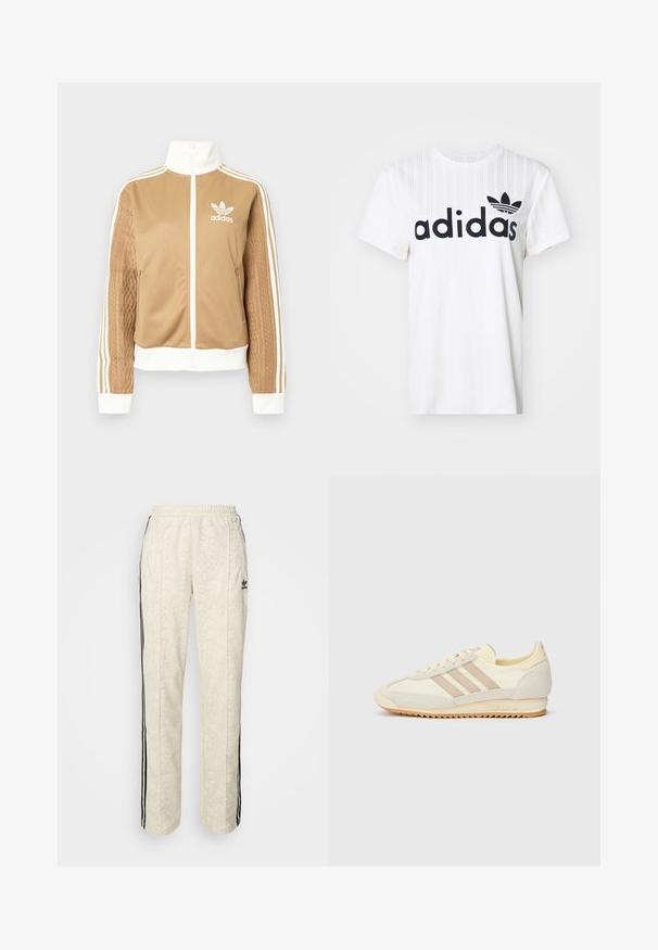 Barna, cipzáras dzseki fehér díszítésekkel és három fehér csíkkal a hajtókákon. Az egyik hajtókán texturált szövet mintázat található. Az Adidas logo a mellkason.; Fehér pamut póló, függőleges csíkozással, nagy fekete "adidas" logóval és bal mellkason található fekete trefoil logóval.; Krém színű jogger nadrág, melynek texturált, kígyóbőrmintázata van. Fekete oldalsó csíkokkal és rugalmas derékkal rendelkezik. Fekete logókiemelés a combon.; Krém színű sportcipő, három bézs csíkkal, velúr és textil anyagokból, texturált talppal és dombornyomott márkázással a saroknál.