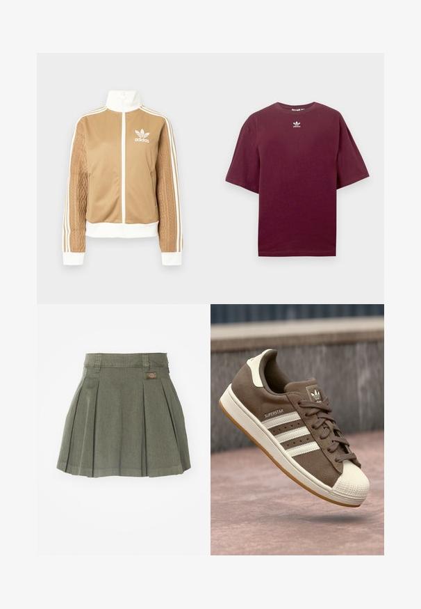 Casaco de fecho éclair em tom de bege com detalhes brancos e três riscas brancas nas mangas. Apresenta um design texturizado na trama de uma das mangas. Logotipo da Adidas no peito.; T-shirt de algodão cor bordô com gola redonda e mangas curtas, apresentando um logótipo branco da Adidas centrado no peito. Textura suave.; Saia plissada em verde-azeitona. Feita de tecido texturizado com uma cinta e detalhes de logótipo na frente. Apresenta múltiplos plissados em lâmina.; Sapatilha de camurça castanha com riscas brancas, detalhes em creme e biqueira de borracha. Apresenta um design com atacadores e sola de borracha texturizada.