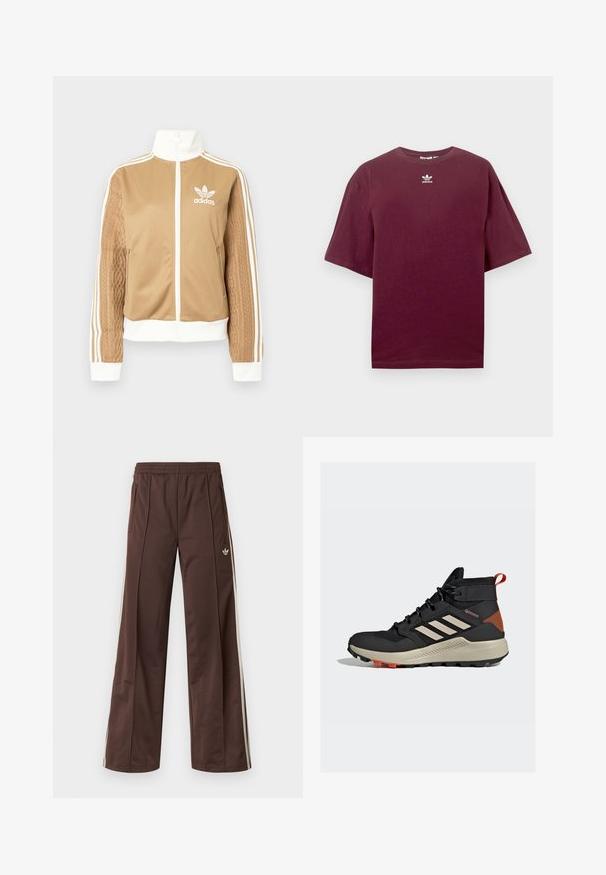 Zipper športna bunda v rjavi barvi z belimi dodatki in tremi belimi črtami na rokavih. Ima strukturiran tkaninski vzorec na enem rokavu. Adidasov logotip na prsih.; Burgundska bombažna majica z okrolim izrezom in kratkimi rokavi, z belim logotipom Adidas, ki je postavljen na sredino prsnega koša. Gladek tekstura.; Rjave športne hlače s širokimi hlačnicami, belimi stranskimi črtami, elastičnim pasom in dvema stranskima žepoma. Na hlačnici je majhen logotip.; adidas Terrex TERREX TRAILMAKER MID COLD.RDY - Pohodniški čevlji - core black/beige/semi impact orange