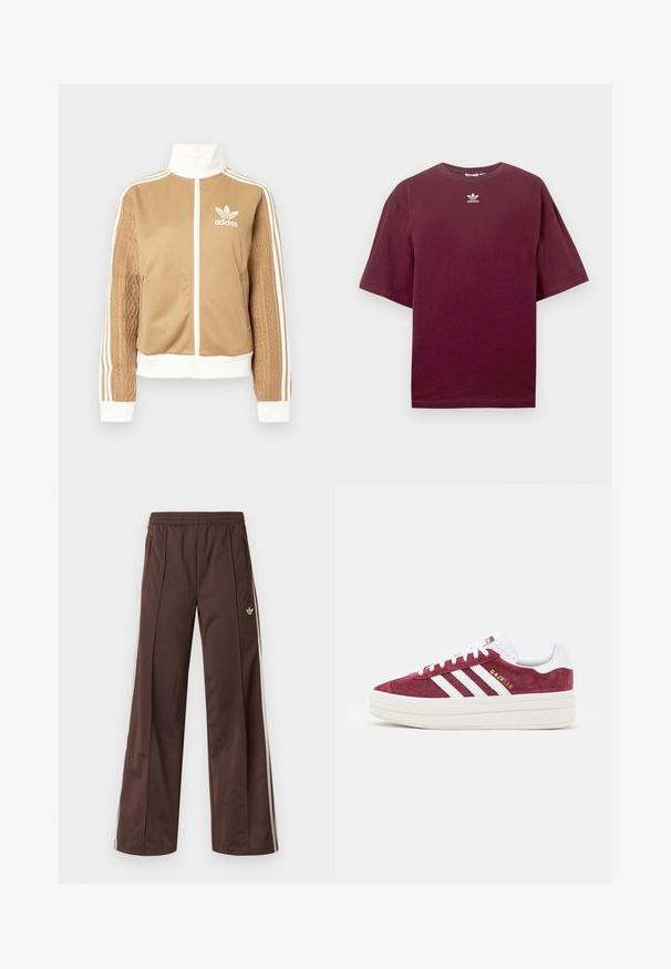 Tā tan krāsa zip-up jakas ar baltajiem akcentiem un trim baltām svītrām uz piedurknēm. Izceļas ar teksturētu aušanas dizainu uz vienas piedurknes. Adidas logo uz krūšu daļas.; Bordo krāsas kokvilnas T-krekls ar apaļu apkakli un īsām piedurknēm, centrā plaušu rajonā balts Adidas logo. Gluda tekstūra.; Brūnas sporta bikses ar platu kāju dizainu, baltām sānu svītrām, elastīgu jostasvietu un divām sānu kabatām. Uz kājas ir mazs logotips.; adidas Originals GAZELLE BOLD - Sporta apavi - shadow red/footwear white/core white
