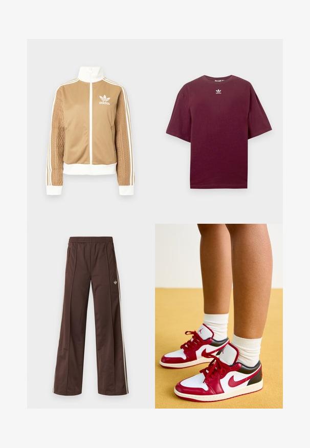 Ruda zip-up striukė su baltais akcentais ir trimis baltais dryžiais ant rankovių. Vienoje rankovėje yra tekstūruotas audinys. Adidas logotipas ant krūtinės.; Vyno raudonio medvilninė marškinėliai su apvalia iškirpte ir trumpomis rankovėmis, ant krūtinės centre esantis baltas Adidas logotipas. Lygus tekstūra.; Rudos sportinės kelnės su plačiomis kojų dalimis, baltais šoninėmis juostelėmis, elastingu liemeniu ir dviem šoninėmis kišenėmis. Kojyje yra mažas logotipas.; Jordan AIR JORDAN 1 LOW - Sportbačiai - white/gym red/black/sail