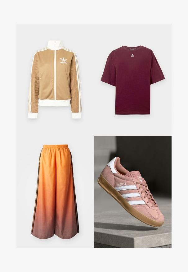 Casaco de fecho éclair em tom de bege com detalhes brancos e três riscas brancas nas mangas. Apresenta um design texturizado na trama de uma das mangas. Logotipo da Adidas no peito.; T-shirt de algodão cor bordô com gola redonda e mangas curtas, apresentando um logótipo branco da Adidas centrado no peito. Textura suave.; Calças largas em degrade laranja com uma faixa lateral preta, apresentando um cós elástico e material leve.; Sapatilhas em camurça rosa com riscas brancas, sola de borracha, parte superior texturizada e logótipo na língua. Design clássico de cano baixo.