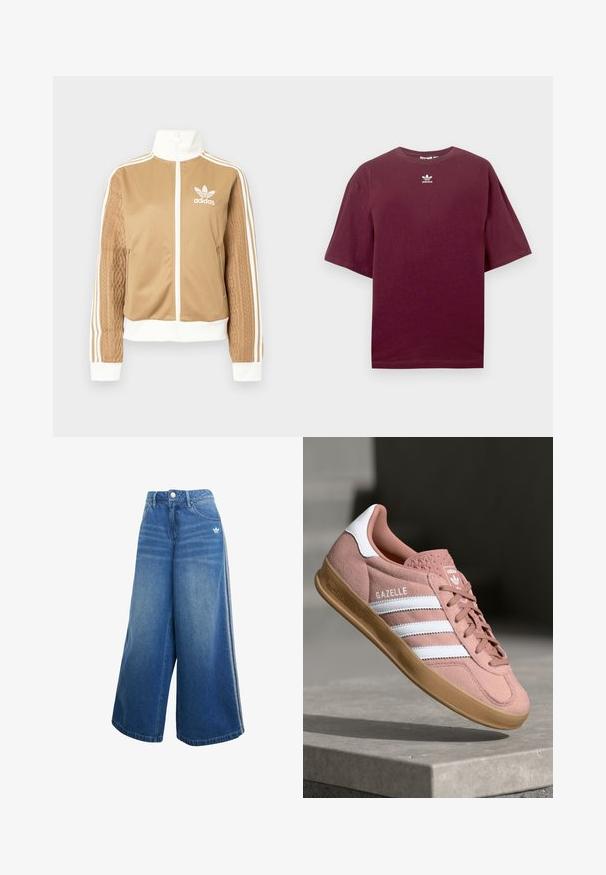 Zipper športna bunda v rjavi barvi z belimi dodatki in tremi belimi črtami na rokavih. Ima strukturiran tkaninski vzorec na enem rokavu. Adidasov logotip na prsih.; Burgundska bombažna majica z okrolim izrezom in kratkimi rokavi, z belim logotipom Adidas, ki je postavljen na sredino prsnega koša. Gladek tekstura.; Denim hlače širokih nogavic v srednje modri barvi, z visokim pasom, diskretnimi šivi in majhnim belim logotipom na sprednji strani.; Roza semiš športni copat z belimi črtami, gumijastim podplatom, teksturiranim zgornjim delom in logotipom na ježku. Klasična nizka zasnova.