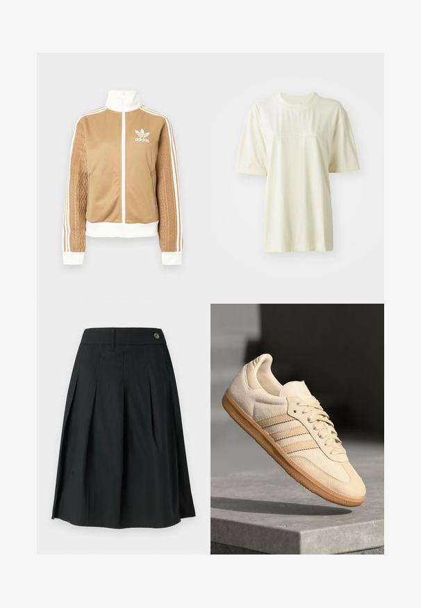 Casaco de fecho éclair em tom de bege com detalhes brancos e três riscas brancas nas mangas. Apresenta um design texturizado na trama de uma das mangas. Logotipo da Adidas no peito.; Camiseta de algodão cor de creme com decote redondo, mangas curtas e logótipo "adidas" em relevo no peito. Textura suave e corte descontraído.; Saia preta plissada feita de tecido leve, com fecho de botão, textura suave e formato em A.; Sapatilha de camurça bege clara com sola de borracha, três riscas diagonais e uma biqueira texturizada. Apresenta o logótipo na língua e na lateral.