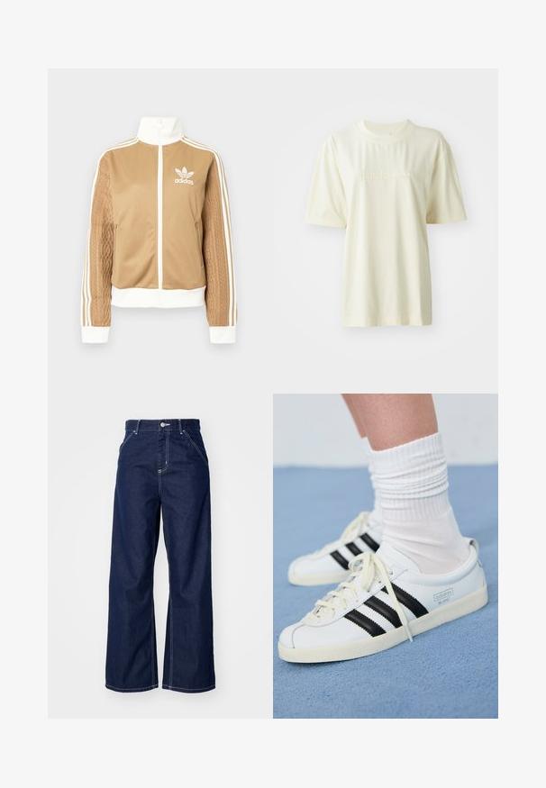 Barna, cipzáras dzseki fehér díszítésekkel és három fehér csíkkal a hajtókákon. Az egyik hajtókán texturált szövet mintázat található. Az Adidas logo a mellkason.; Tejkrém színű pamut póló, kerek nyakkal, rövid ujjakkal és domború "adidas" logóval a mellkason. Sima textúrájú és laza fazonú.; Sötétkék farmer széles szárú nadrág, magas derékkal, kontrasztos fehér varrással és klasszikus öt zsebes kialakítással.; Fehér bőr sportcipők fekete csíkokkal, krém színű talppal és világos fűzőkkel. Fehér bordázott zoknival viselve, kék háttér előtt.