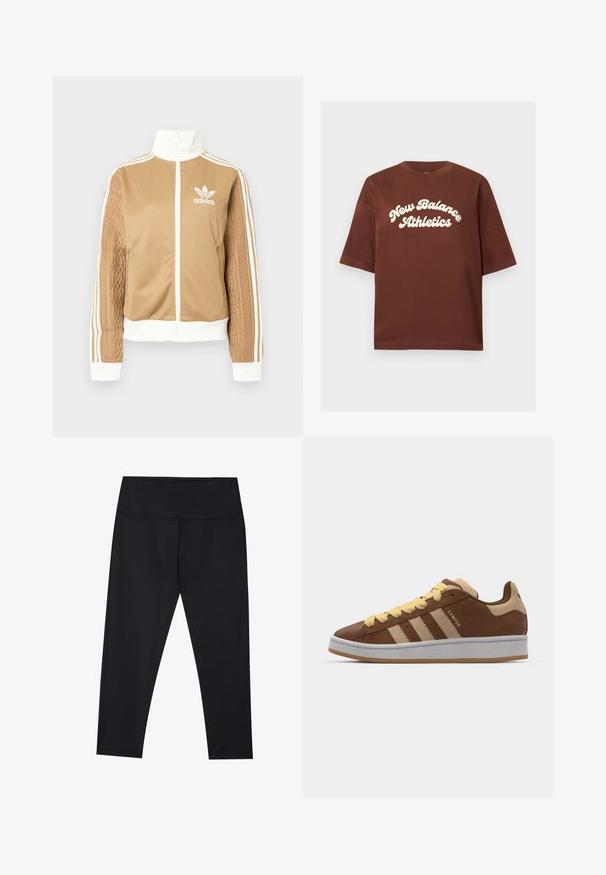 Casaco de fecho éclair em tom de bege com detalhes brancos e três riscas brancas nas mangas. Apresenta um design texturizado na trama de uma das mangas. Logotipo da Adidas no peito.; T-shirt de algodão castanho com um corte relaxado, apresentando texto branco que diz "New Balance Athletics" em uma fonte curva e em negrito.; Leggings pretos feitos de material elástico, com cintura alta e costuras planas. Comprimento até ao tornozelo, com uma textura suave e mate.; adidas Originals CAMPUS 00S DOUBLE W - Sapatilhas - preloved brown/sand strata/orange tint