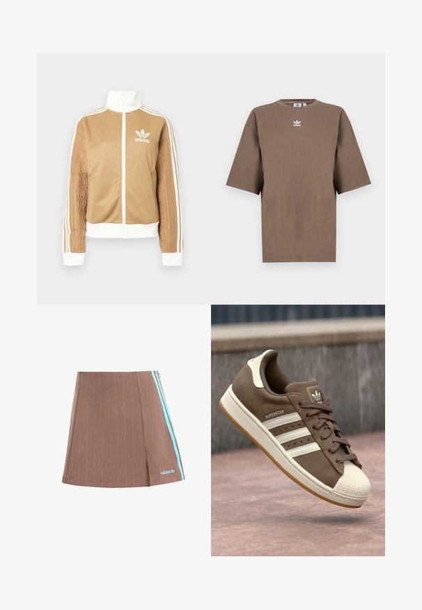 Jachetă zip-up de culoare bej cu accente albe și trei dungi albe pe mâneci. Prezintă un design țesut texturat pe o mânecă. Logo-ul Adidas pe piept.; Tricou din bumbac de culoare maronie, cu mâneci scurte, guler rotund și logo-ul alb Adidas centrat pe piept, având un design simplu și o croială relaxată.; Fustă scurtă plisată maro cu dungi laterale albastre și logo. Prezentă un design curat, textură subtilă și o margine dreaptă.; Adidași din suede maro cu dungi albe, accente crem și vârf din cauciuc. Prezintă un design cu șireturi și o talpă din cauciuc texturată.