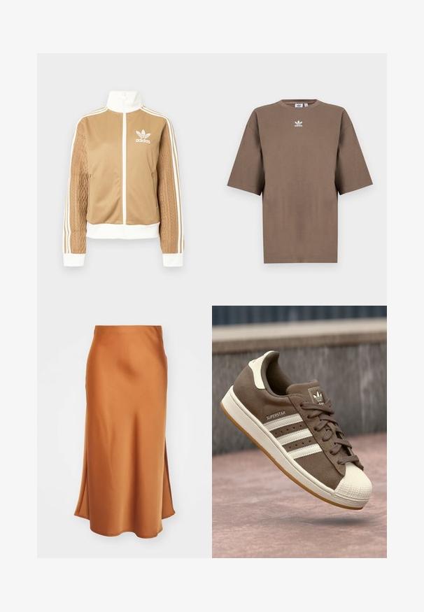 Tā tan krāsa zip-up jakas ar baltajiem akcentiem un trim baltām svītrām uz piedurknēm. Izceļas ar teksturētu aušanas dizainu uz vienas piedurknes. Adidas logo uz krūšu daļas.; Brūna kokvilnas T-krekls īsām piedurknēm, apaļa kakla izgriezums, ar baltu Adidas logo centrā krūtīs, ar vienkāršu dizainu un brīvu piegriezumu.; Satin midi svārki apdegusi oranžā krāsā ar gludu tekstūru, ar sānu šķēlumu un nedaudz izplestu apakšmalu, kas veido plūstošu siluetu.; Brūni zamšādas sporta apavi ar baltām svītrām, krēmkrāsas akcentiem un gumijas purngalu. Piedāvā saistīšanas dizainu un teksturētu gumijas zoli.