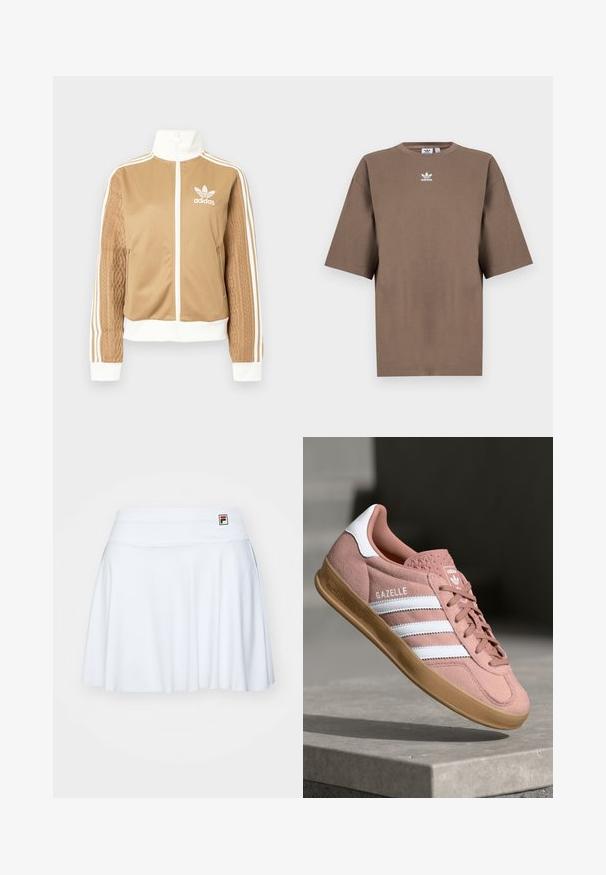 Brun zip-up jakke med hvite detaljer og tre hvite striper på ermene. Har et teksturert vevd design på den ene ermen. Adidas-logo på brystet.; Brun bomulls t-skjorte med korte ermer, rund hals og hvit Adidas-logo sentrert på brystet, med ensartet design og avslappet passform.; Hvit tennisrminne laget av elastisk stoff, med en glatt midjebånd og subtile folder, samt et lite logomerke øverst til venstre.; Rosa semskesneaker med hvite striper, gummisåle, teksturert overdel og logo på tungen. Klassisk lavt design.