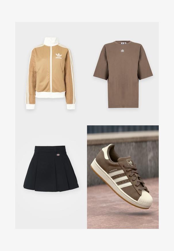 Casaco de fecho éclair em tom de bege com detalhes brancos e três riscas brancas nas mangas. Apresenta um design texturizado na trama de uma das mangas. Logotipo da Adidas no peito.; T-shirt de algodão castanho com mangas curtas, decote redondo e logo branco da Adidas centrado no peitoral, apresentando um design simples e um corte descontraído.; Sálar preta plissada com uma cintura plana, apresentando uma pequena etiqueta de logo. Tecido suave e forma ligeiramente evasé com comprimento até à metade da coxa.; Sapatilha de camurça castanha com riscas brancas, detalhes em creme e biqueira de borracha. Apresenta um design com atacadores e sola de borracha texturizada.