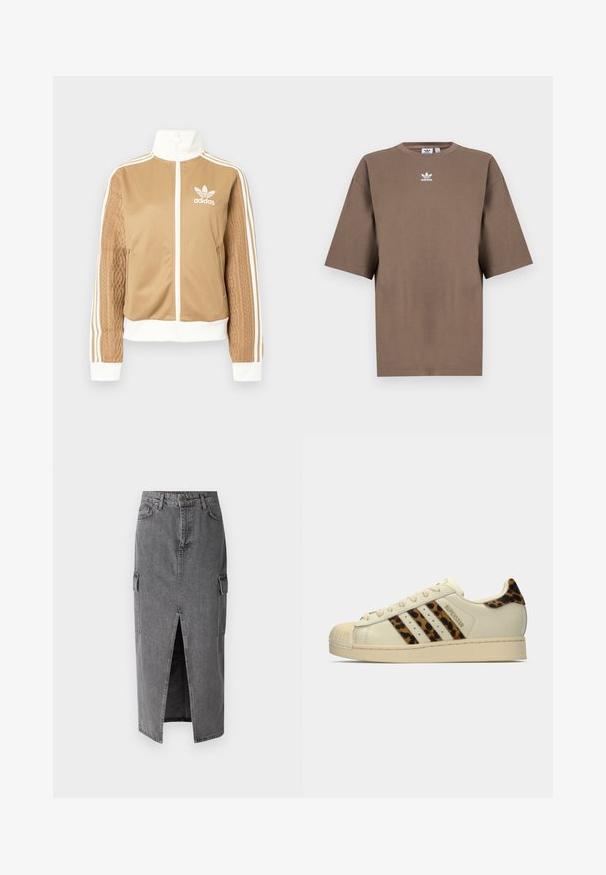 Jachetă zip-up de culoare bej cu accente albe și trei dungi albe pe mâneci. Prezintă un design țesut texturat pe o mânecă. Logo-ul Adidas pe piept.; Tricou din bumbac de culoare maronie, cu mâneci scurte, guler rotund și logo-ul alb Adidas centrat pe piept, având un design simplu și o croială relaxată.; Fustă midi din denim gri, cu o siluetă dreaptă, două buzunare laterale și o deschidere frontală pentru o mai bună mobilitate. Textură clasică de denim.; Adidasi Superstar off-white cu dungi și tab de călcâi cu imprimeu leopard, vârf din cauciuc bej și textul "SUPERSTAR" pe lateral.