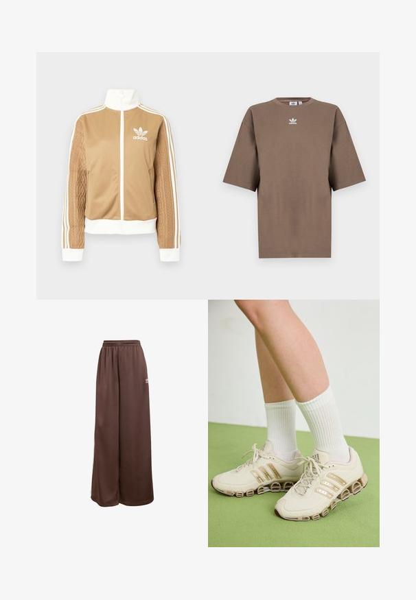 Barna, cipzáras dzseki fehér díszítésekkel és három fehér csíkkal a hajtókákon. Az egyik hajtókán texturált szövet mintázat található. Az Adidas logo a mellkason.; Barna pamut póló rövid ujjakkal, kerek nyakkal és fehér Adidas logóval a mellkason, egyszerű dizájnnal és laza szabással.; adidas Originals Tréningruha alsók - auburn cream white; Beige sportcipők arany díszítéssel, hálós felsőrésszel és egyedi talpformával. Fehér bordás zoknival párosítva, zöld padlón elhelyezve.