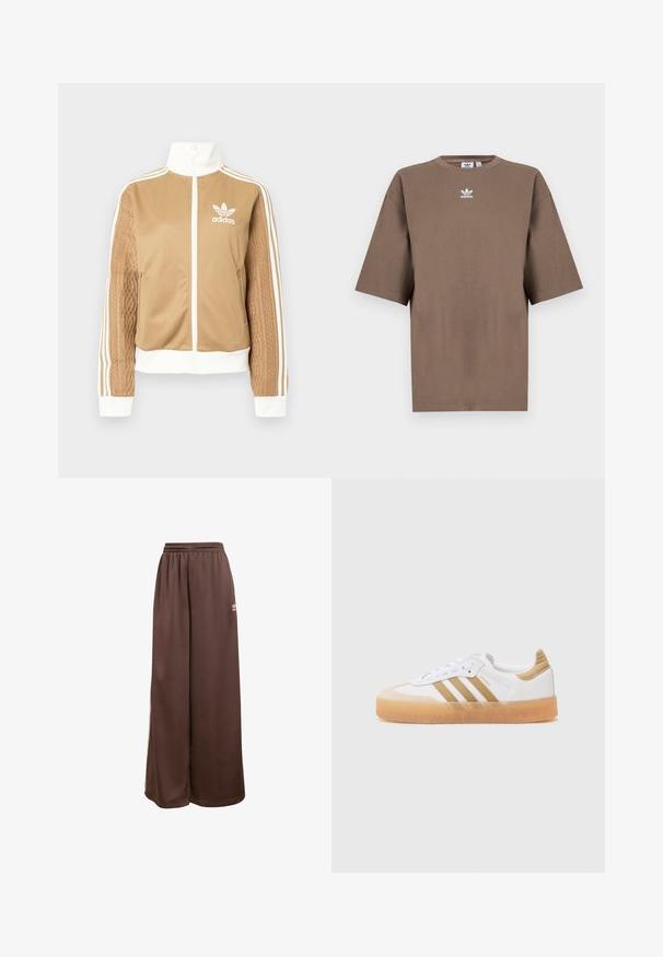 Tan zip-up jack met witte accenten en drie witte strepen op de mouwen. Heeft een gestructureerd geweven ontwerp op één mouw. Adidas-logo op de borst.; Bruine katoenen t-shirt met korte mouwen, ronde hals en wit Adidas-logo gecentreerd op de borst, met een eenvoudige uitstraling en een relaxte pasvorm.; adidas Originals Trainingsbroek - auburn cream white; Witte sneaker met beige accenten, met drie strepen, een ronde neus en een doorschijnende rubberen zool. Van soepel leer en textielmateriaal.