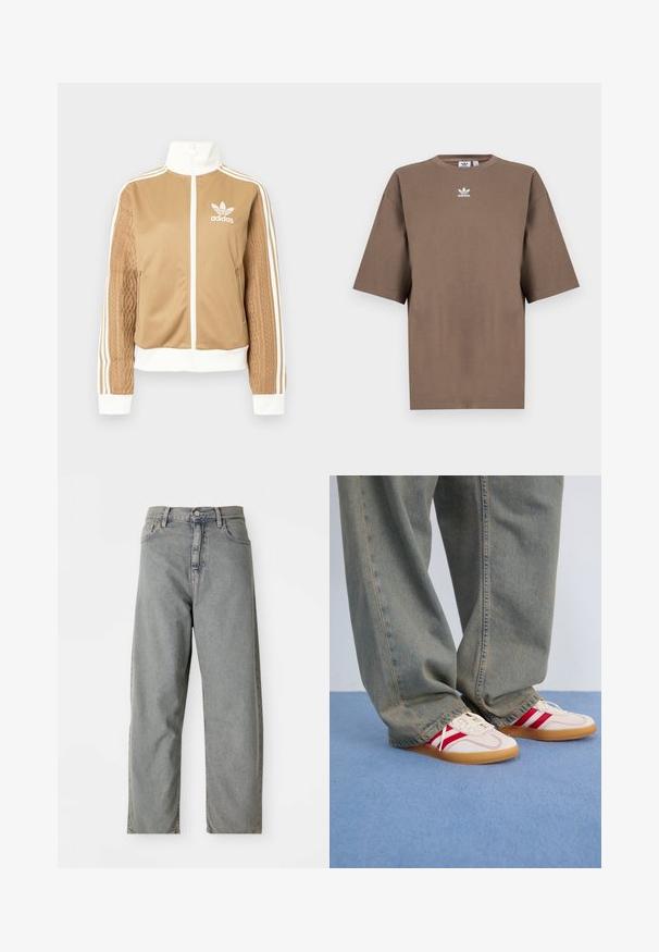 Hnedá mikina na zips s bielymi akcentmi a tromi bielymi pruhmi na rukávoch. Obsahuje textúrovaný tkaný vzor na jednom rukáve. Logo Adidas na hrudi.; Hnedé bavlnené tričko s krátkymi rukávmi, okrúhlym výstrihom a bielym logom Adidas umiestneným na hrudi, s jednoduchým dizajnom a voľným strihom.; Svetlo šedé džíny z denimu so strihom rovného nohavicí, s predným zapínaním na gombík, piatimi vreckami a jemným vyblednutím.; Biele tenisky s červenými pruhmi, textúrovaný plátený zvršok, zaoblená špička, plochá gumená podrážka, skombinované s voľnými, vyblednutými modrými džínsami.