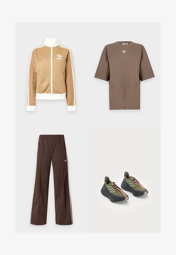 Veste zippée tan avec des accents blancs et trois rayures blanches sur les manches. Présente un design tissé texturé sur une manche. Logo Adidas sur la poitrine.; T-shirt en coton marron à manches courtes, col rond et logo Adidas blanc centré sur la poitrine, avec un design épuré et une coupe décontractée.; Pantalon de sport marron à jambes larges, avec des bandes blanches sur les côtés, une taille élastique et deux poches latérales. Présente un petit logo sur la jambe.; Chaussures de sport vert olive avec des accents noirs, semelles épaisses et lacets orange. Présentent trois bandes vertes sur le côté et une semelle extérieure texturée.