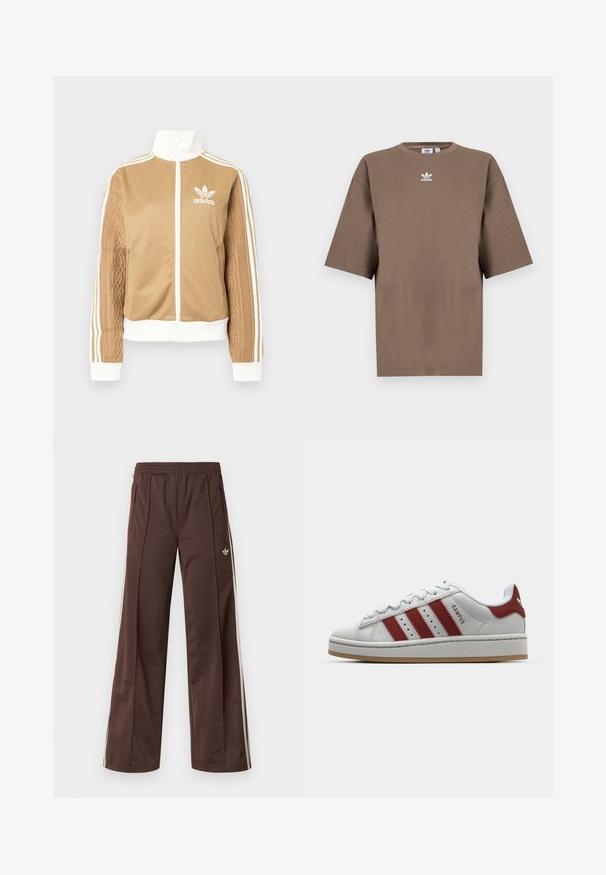 Tan zip-up jacket with white accents and three white stripes on sleeves. Features textured woven design on one sleeve. Adidas logo on chest.; Brown cotton t-shirt with short sleeves, round neck, and white Adidas logo centered at the chest, featuring a plain design and relaxed fit.; Brown athletic pants with a wide-leg design, white side stripes, an elastic waistband, and two side pockets. Features small logo on the leg.; White suede sneaker with three red stripes, round toe, flat sole, and cushioned collar. Features "CAMPUS" text on the side.