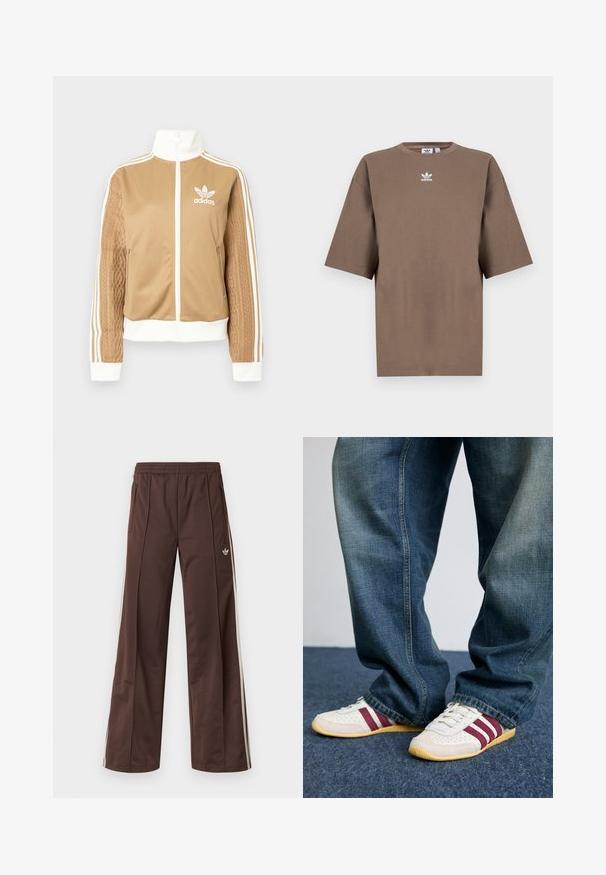 Hnedá mikina na zips s bielymi akcentmi a tromi bielymi pruhmi na rukávoch. Obsahuje textúrovaný tkaný vzor na jednom rukáve. Logo Adidas na hrudi.; Hnedé bavlnené tričko s krátkymi rukávmi, okrúhlym výstrihom a bielym logom Adidas umiestneným na hrudi, s jednoduchým dizajnom a voľným strihom.; Hnedé športové nohavice so širokým strihom nohavíc, bielymi bočnými pásmi, elastickým pásom a dvoma bočnými vreckami. Na nohavici je malá značka.; Biele tenisky s vínovými pruhmi, textúrovaná koža a sieťovina, spárované s voľnými modrými džínsami. Mäkké gumové podrážky, neformálny štýl.