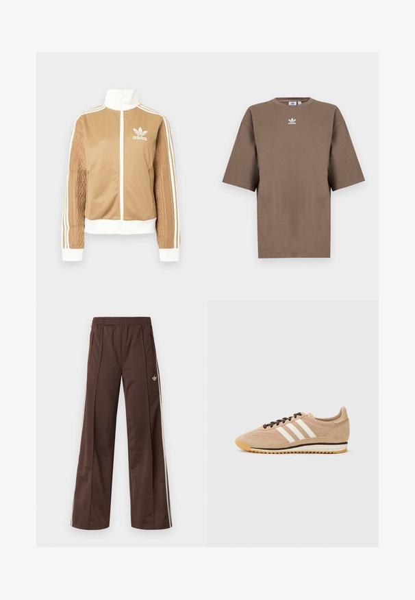 Casaco de fecho éclair em tom de bege com detalhes brancos e três riscas brancas nas mangas. Apresenta um design texturizado na trama de uma das mangas. Logotipo da Adidas no peito.; T-shirt de algodão castanho com mangas curtas, decote redondo e logo branco da Adidas centrado no peitoral, apresentando um design simples e um corte descontraído.; Calças desportivas castanhas com design de perna larga, riscas laterais brancas, cintura elástica e dois bolsos laterais. Apresentam um pequeno logótipo na perna.; Sapatilhas de camurça e rede em tom bege com atacadores castanhos e três riscas brancas. Emparelhadas com calças listradas em verde e branco, repousando sobre uma superfície azul.