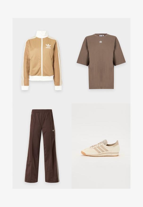Casaco de fecho éclair em tom de bege com detalhes brancos e três riscas brancas nas mangas. Apresenta um design texturizado na trama de uma das mangas. Logotipo da Adidas no peito.; T-shirt de algodão castanho com mangas curtas, decote redondo e logo branco da Adidas centrado no peitoral, apresentando um design simples e um corte descontraído.; Calças desportivas castanhas com design de perna larga, riscas laterais brancas, cintura elástica e dois bolsos laterais. Apresentam um pequeno logótipo na perna.; Sapatilha atlética em bege claro com parte superior em malha, três riscas e sola de borracha texturizada. Apresenta um bico arredondado e um design minimalista.