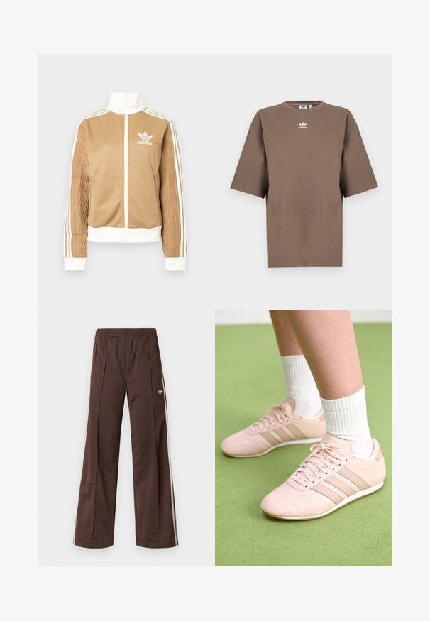 Barna, cipzáras dzseki fehér díszítésekkel és három fehér csíkkal a hajtókákon. Az egyik hajtókán texturált szövet mintázat található. Az Adidas logo a mellkason.; Barna pamut póló rövid ujjakkal, kerek nyakkal és fehér Adidas logóval a mellkason, egyszerű dizájnnal és laza szabással.; Barna sportnadrág széles szárú kialakítással, fehér oldalsávokkal, rugalmas derékpánttal és két oldalzsebbel. Kis logó található a lábon.; Világos rózsaszín sportcipők, átlós varrással, fehér talppal és három oldalsó csíkkal. Zöld felületen bordázott fehér zoknikkal viselve.