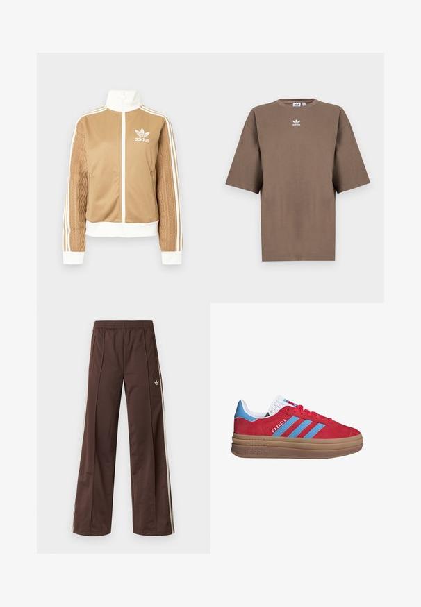 Kraevis sisekavaga jakki valgete aktsentidega ja kolme valge triibuga varrukatel. Ühel varrukal on tekstureeritud kootud muster. Adidas'i logo rinnal.; Pruun puuvillane T-särk lühikeste varrukatega, ümar kaelus ja valge Adidas'i logo keskpunktis rinnal, lihtne disain ja mugav lõige.; Pruunid sportpüksid laiade säärtega, valgete küljeribadega, elastse vöökohaga ja kahe küljetaskuga. Jalal on väike logo.; adidas Originals GAZELLE BOLD - Tossud - active pink semi blue burst cloud white