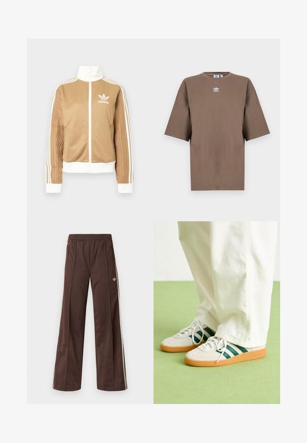 Casaco de fecho éclair em tom de bege com detalhes brancos e três riscas brancas nas mangas. Apresenta um design texturizado na trama de uma das mangas. Logotipo da Adidas no peito.; T-shirt de algodão castanho com mangas curtas, decote redondo e logo branco da Adidas centrado no peitoral, apresentando um design simples e um corte descontraído.; Calças desportivas castanhas com design de perna larga, riscas laterais brancas, cintura elástica e dois bolsos laterais. Apresentam um pequeno logótipo na perna.; Sapatilhas brancas com riscas verdes, material em camurça texturizada e malha, sola de borracha natural e atacadores brancos, combinadas com calças largas brancas.