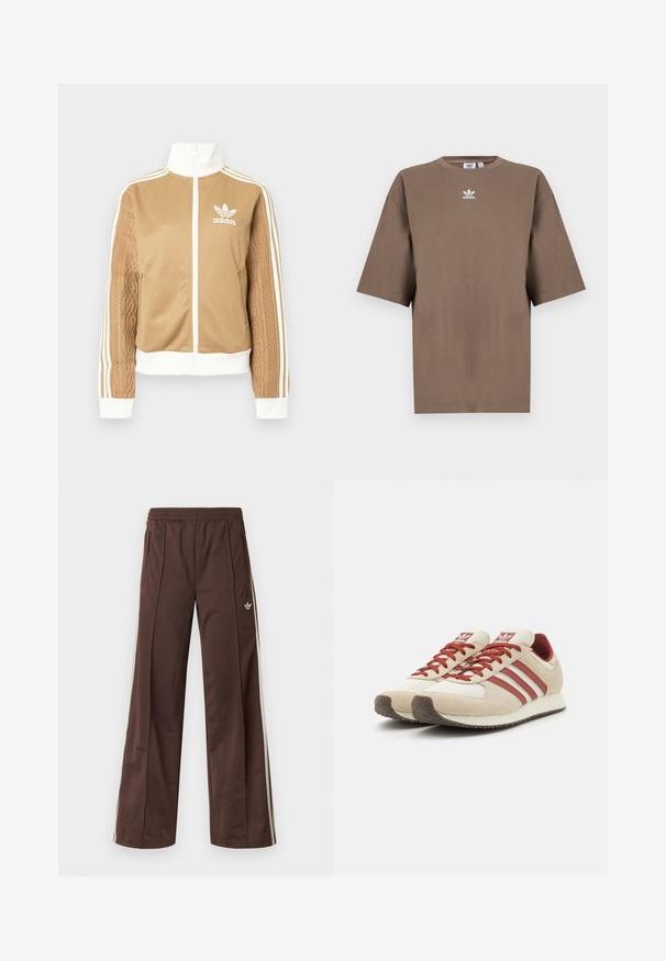 Giacca a zip tan con accenti bianchi e tre strisce bianche sulle maniche. Presenta un design tessuto testo su una manica. Logo Adidas sul petto.; T-shirt in cotone marrone con maniche corte, collo tondo e logo Adidas bianco centrato sul petto, caratterizzato da un design semplice e una vestibilità comoda.; Pantaloni sportivi marroni con design a gamba larga, strisce laterali bianche, coulisse elastica in vita e due tasche laterali. Presentano un piccolo logo sulla gamba.; Sneaker retro beige e rosse con tre strisce rosse, tomaia in suede e rete testurizzata, suola ammortizzata, punta rotonda.