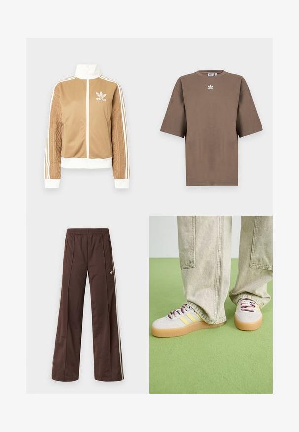 Zipper športna bunda v rjavi barvi z belimi dodatki in tremi belimi črtami na rokavih. Ima strukturiran tkaninski vzorec na enem rokavu. Adidasov logotip na prsih.; Brahna bomba majica s kratkimi rokavi, okroglo ovratnikom in belim Adidasovim logotipom v sredini prsnega dela, z enostavnim dizajnom in sproščenim krojem.; Rjave športne hlače s širokimi hlačnicami, belimi stranskimi črtami, elastičnim pasom in dvema stranskima žepoma. Na hlačnici je majhen logotip.; Tenisice imajo svetlo sivo zgornji del iz semiša, tri rumene črte in večbarvne vezalke. Guma podplat za oprijem. Nosi se z svetlo khaki hlačami.