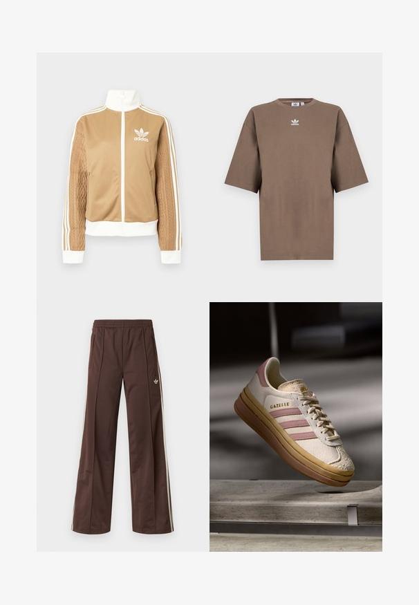 Zipper športna bunda v rjavi barvi z belimi dodatki in tremi belimi črtami na rokavih. Ima strukturiran tkaninski vzorec na enem rokavu. Adidasov logotip na prsih.; Brahna bomba majica s kratkimi rokavi, okroglo ovratnikom in belim Adidasovim logotipom v sredini prsnega dela, z enostavnim dizajnom in sproščenim krojem.; Rjave športne hlače s širokimi hlačnicami, belimi stranskimi črtami, elastičnim pasom in dvema stranskima žepoma. Na hlačnici je majhen logotip.; Beli semišni športni copat z rožnatimi detajli, ki ima tri črte in zlat logo. Tekstuirana kapica za prste in rjava gumijasta podplat. Klasična zasnova.