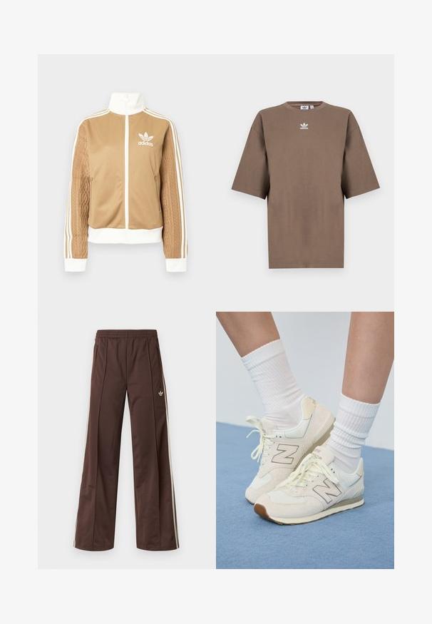 Kraevis sisekavaga jakki valgete aktsentidega ja kolme valge triibuga varrukatel. Ühel varrukal on tekstureeritud kootud muster. Adidas'i logo rinnal.; Pruun puuvillane T-särk lühikeste varrukatega, ümar kaelus ja valge Adidas'i logo keskpunktis rinnal, lihtne disain ja mugav lõige.; Pruunid sportpüksid laiade säärtega, valgete küljeribadega, elastse vöökohaga ja kahe küljetaskuga. Jalal on väike logo.; Beige New Balance'i spordijalatsid, mis on valmistatud võrgumaterjalist ja nahast, kerge kreemiga põhi ja hall bränding. Kombineeritud valgete ribakudum socksidega.