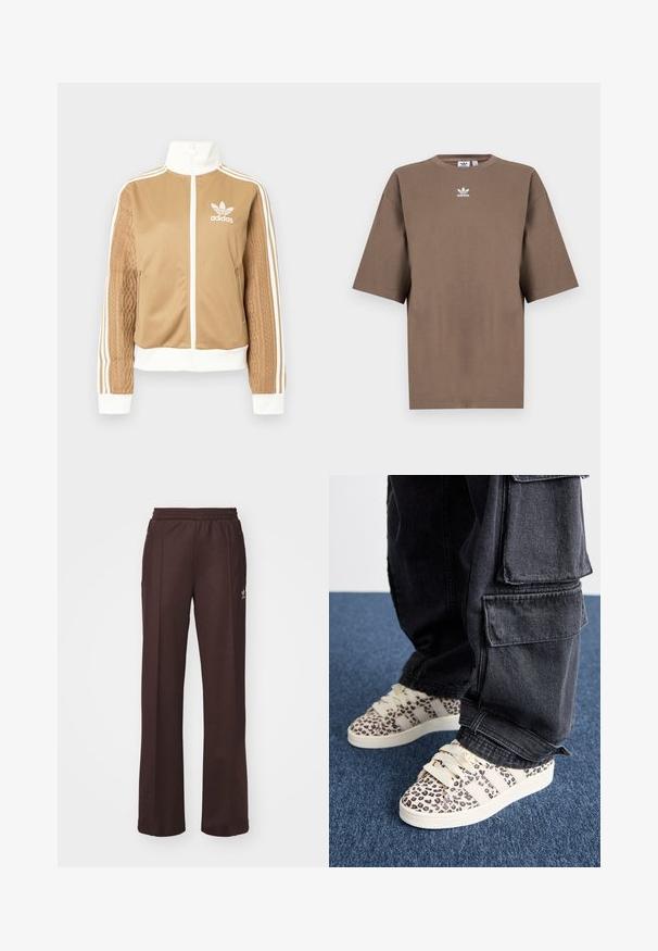 Brun zip-up jakke med hvite detaljer og tre hvite striper på ermene. Har et teksturert vevd design på den ene ermen. Adidas-logo på brystet.; Brun bomulls t-skjorte med korte ermer, rund hals og hvit Adidas-logo sentrert på brystet, med ensartet design og avslappet passform.; Brune idrettsbukser med elastisk midjebånd, to sidelommer og en liten logo på venstre side, laget av et mykt stoff.; adidas Originals CAMPUS 00S - Skatesko - off white/core black