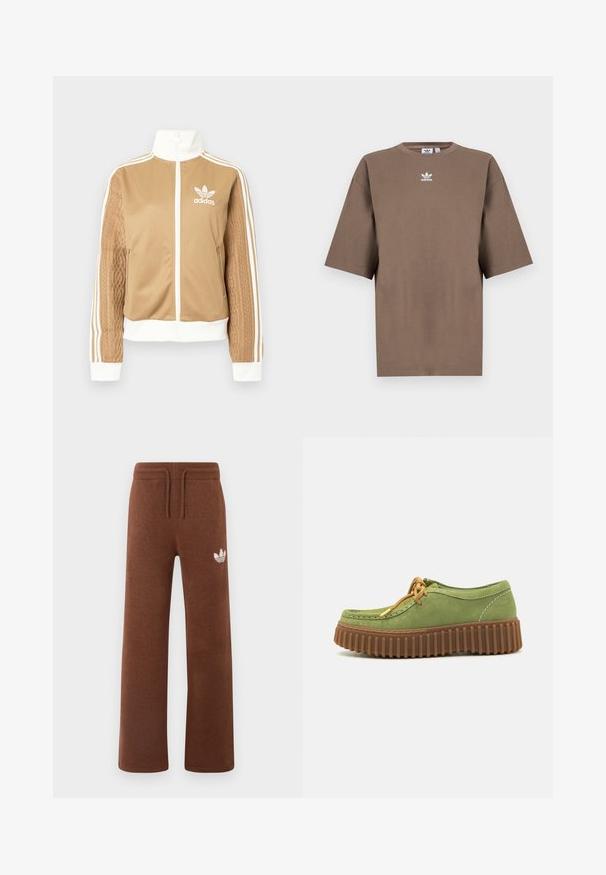 Giacca a zip tan con accenti bianchi e tre strisce bianche sulle maniche. Presenta un design tessuto testo su una manica. Logo Adidas sul petto.; T-shirt in cotone marrone con maniche corte, collo tondo e logo Adidas bianco centrato sul petto, caratterizzato da un design semplice e una vestibilità comoda.; Pantaloni sportivi marroni in tessuto morbido con una vestibilità comoda, dotati di vita elastica, cordoncino e un logo bianco sulla coscia sinistra.; Scarpa in camoscio verde con punta rotonda, suola marrone a coste e lacci arancioni. Presenta cuciture a contrasto lungo i bordi.