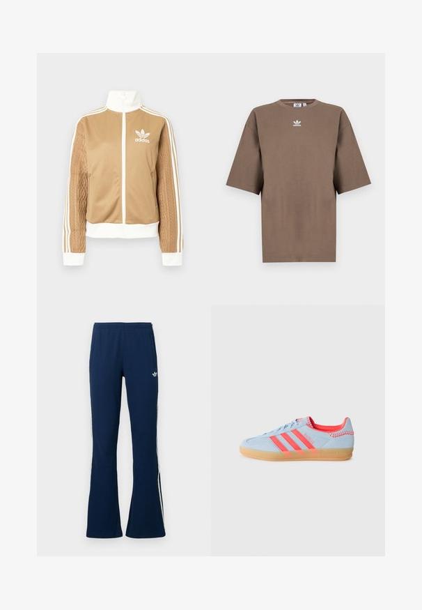 Casaco de fecho éclair em tom de bege com detalhes brancos e três riscas brancas nas mangas. Apresenta um design texturizado na trama de uma das mangas. Logotipo da Adidas no peito.; T-shirt de algodão castanho com mangas curtas, decote redondo e logo branco da Adidas centrado no peitoral, apresentando um design simples e um corte descontraído.; Calças de fato de treino azul-marinho com canelado, boca alargada, riscas brancas laterais e logótipo bordado no lado esquerdo, com dois bolsos laterais.; Sapatilha de camurça azul clara com três riscas rosas, sola de borracha e detalhes cosidos. Apresenta um colarinho almofadado e elementos de design retro.