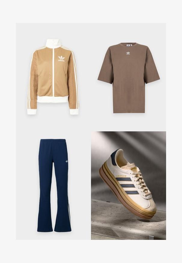 Jachetă zip-up de culoare bej cu accente albe și trei dungi albe pe mâneci. Prezintă un design țesut texturat pe o mânecă. Logo-ul Adidas pe piept.; Tricou din bumbac de culoare maronie, cu mâneci scurte, guler rotund și logo-ul alb Adidas centrat pe piept, având un design simplu și o croială relaxată.; Pantaloni sportivi evazați bleumarin cu dungi albe laterale și logo brodat pe partea stângă, prevăzuți cu două buzunare laterale.; Adidas Gazelle, încălțăminte sport cu un superior din suede crem, accente din piele albastră, trei dungi albastre, intermediar bej și talpă din cauciuc maro.