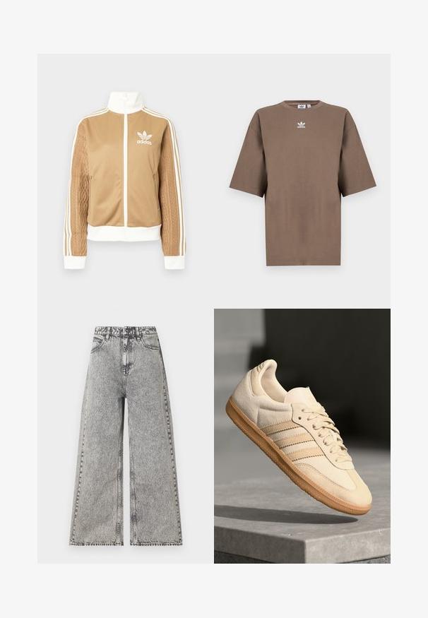 Tan zip-up jacket with white accents and three white stripes on sleeves. Features textured woven design on one sleeve. Adidas logo on chest.; Brown cotton t-shirt with short sleeves, round neck, and white Adidas logo centered at the chest, featuring a plain design and relaxed fit.; Wide-leg jeans in faded black denim, featuring a high-rise waist, classic five-pocket design, and visible stitching details.; Light beige suede sneaker with gum outsole, three diagonal stripes, and a textured toe cap. Features logo on the tongue and side.