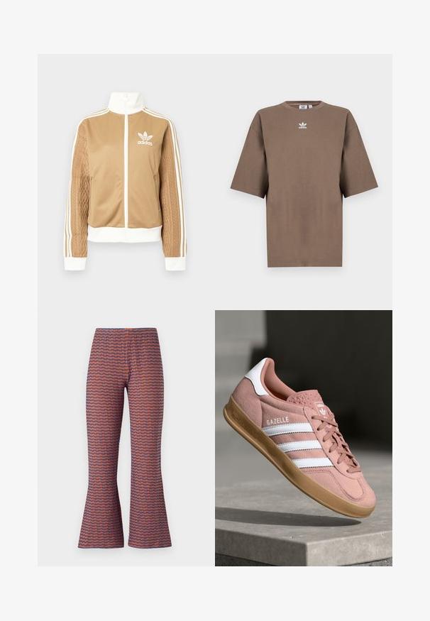 Tā tan krāsa zip-up jakas ar baltajiem akcentiem un trim baltām svītrām uz piedurknēm. Izceļas ar teksturētu aušanas dizainu uz vienas piedurknes. Adidas logo uz krūšu daļas.; Brūna kokvilnas T-krekls īsām piedurknēm, apaļa kakla izgriezums, ar baltu Adidas logo centrā krūtīs, ar vienkāršu dizainu un brīvu piegriezumu.; Rakstainas izfliektas bikses ar viļņu dizainu oranžā un zilā krāsā, izgatavotas no teksturēta auduma, ar elastīgu jostasvietu komfortam.; Rozā zamša sporta apavi ar baltām svītrām, gumijas zole, teksturēts augšdaļas materiāls un logo uz mēles. Klasisks zema profila dizains.