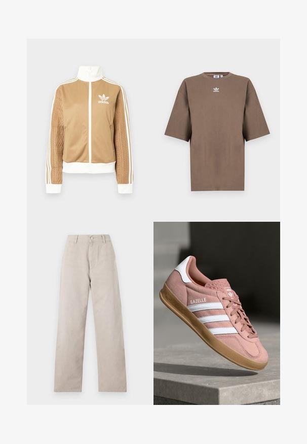 Tan zip-up jakke med hvide accenter og tre hvide striber på ærmerne. Har et tekstureret, vævet design på det ene ærme. Adidas-logo på brystet.; Brun bomulds t-shirt med korte ærmer, rund hals og hvid Adidas-logo centreret på brystet, som har et enkelt design og en afslappet pasform.; Beige lige bukser lavet af glat bomuld. Har en knaplukning, bælteløkker og sidelommer. Enkel, ren design.; Rosa ruskinds sneaker med hvide striber, gummisål, tekstureret overdel og logo på tungen. Klassisk low-top design.