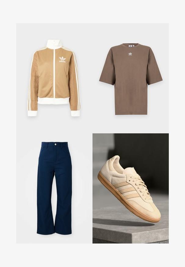 Tan zip-up jacket with white accents and three white stripes on sleeves. Features textured woven design on one sleeve. Adidas logo on chest.; Brown cotton t-shirt with short sleeves, round neck, and white Adidas logo centered at the chest, featuring a plain design and relaxed fit.; Navy blue wide-leg trousers made of sturdy fabric, featuring a front button closure and four pockets with a smooth texture.; Light beige suede sneaker with gum outsole, three diagonal stripes, and a textured toe cap. Features logo on the tongue and side.
